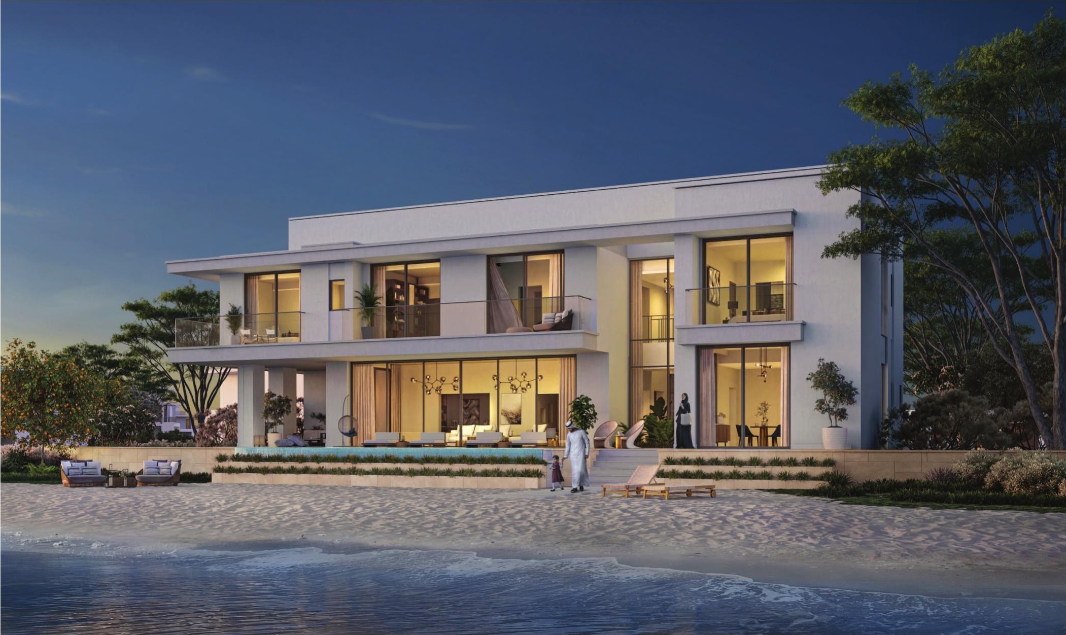 Ramhan Island — beachfront villa render at dusk with infinity pool, Eagle Hills Abu Dhabi